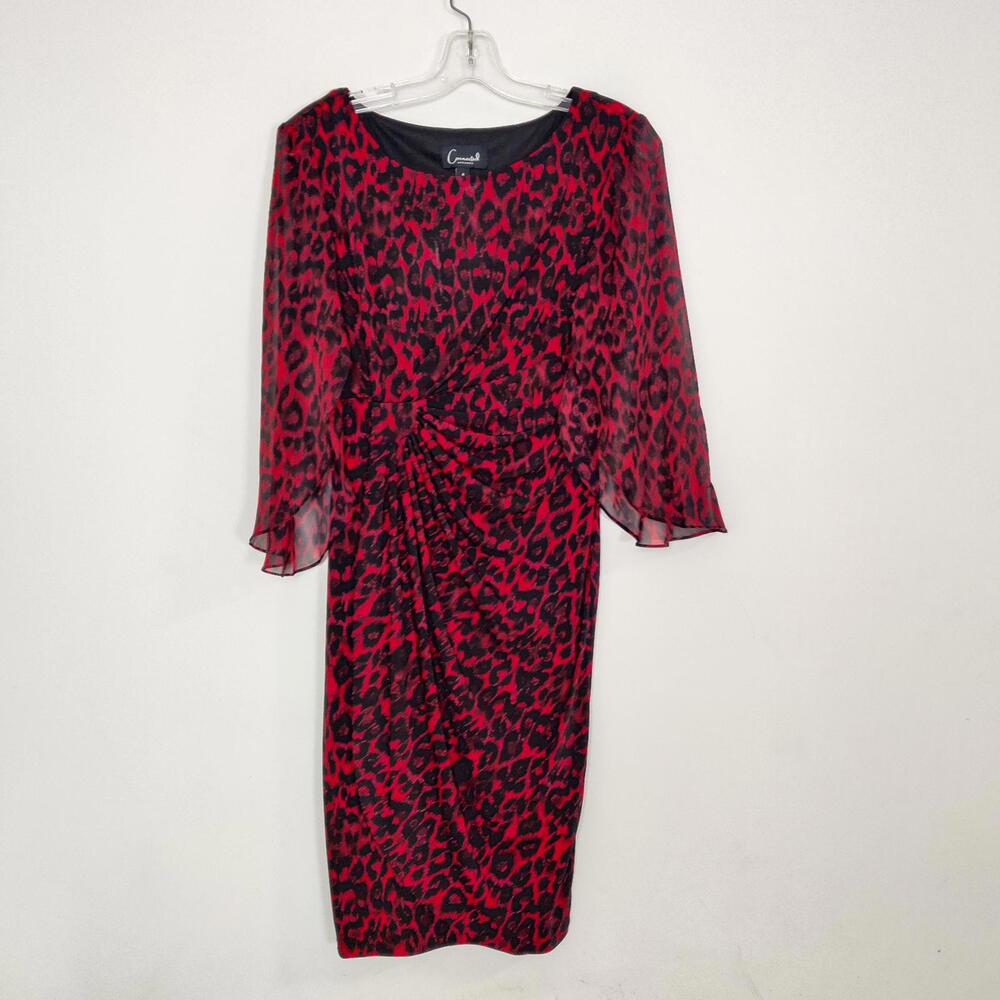 Connected Apparel Red Leopard Animal Print Sheath Dress Sheer Bell Sleeves 4